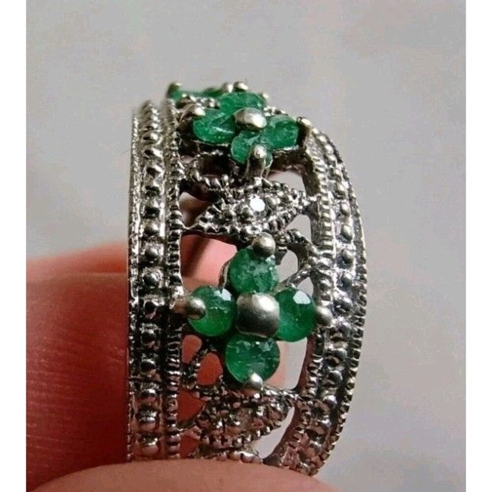 Women's Sterling Silver, Emerald, And CZ Diamond Flower Ring Signed CC Size 7 - Picture 8 of 12
